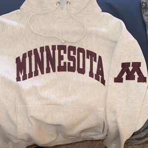 UMN Light Gray Hoodie with Maroon Minnesota Arch
